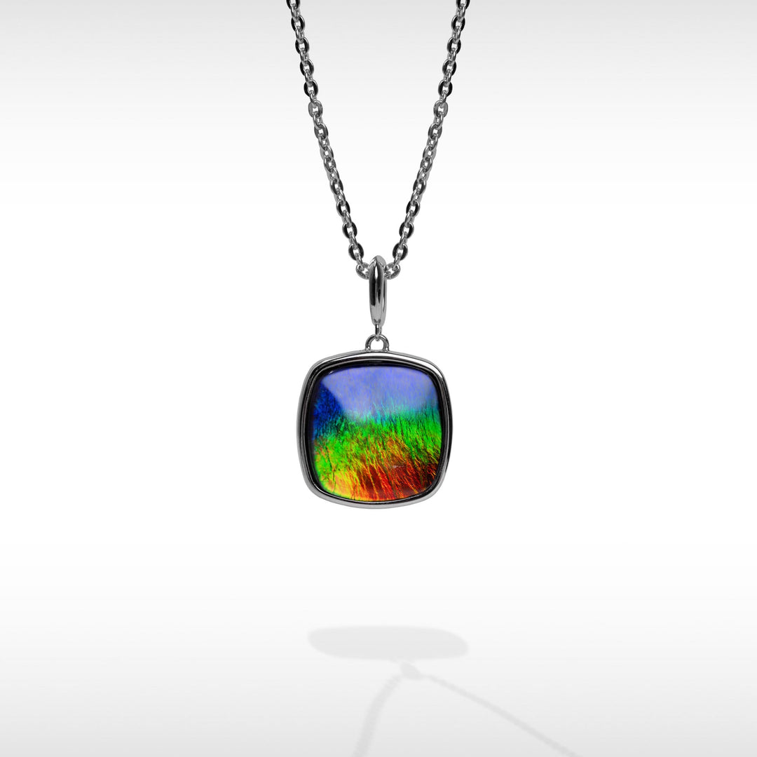 Origins cushion ammolite pendant, earring, ring and bracelet set in sterling silver