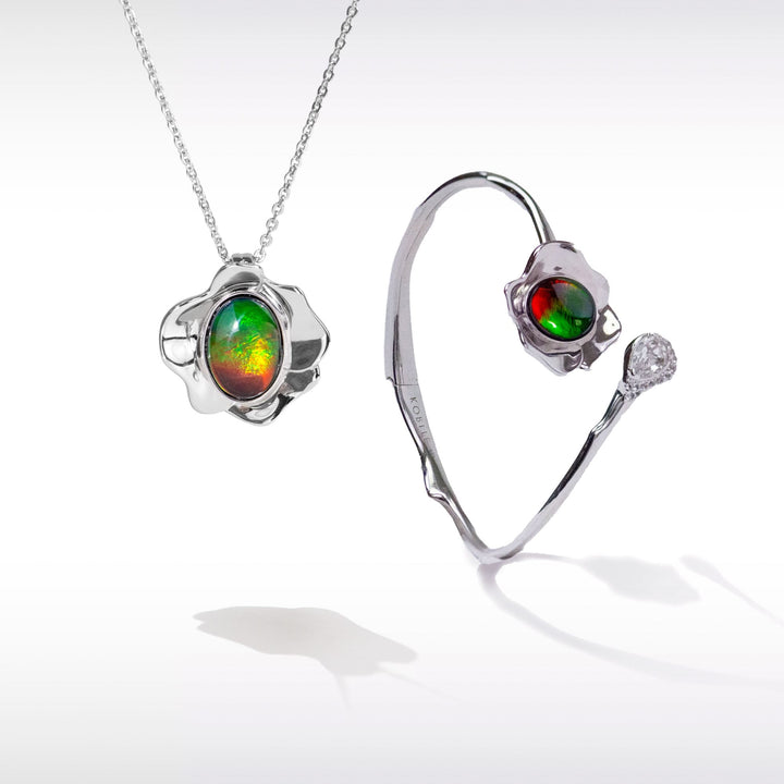 Bloom ammolite pendant and bracelet set in sterling silver