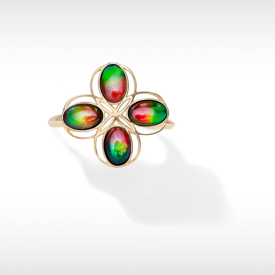 Clover ammolite ring in 14K gold