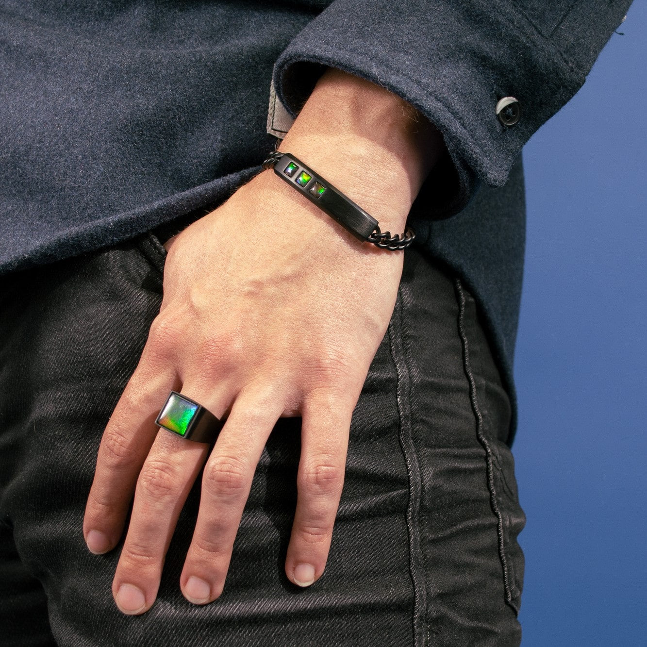 Midnight Ammolite Bracelet in Matte Black Titanium KORITE