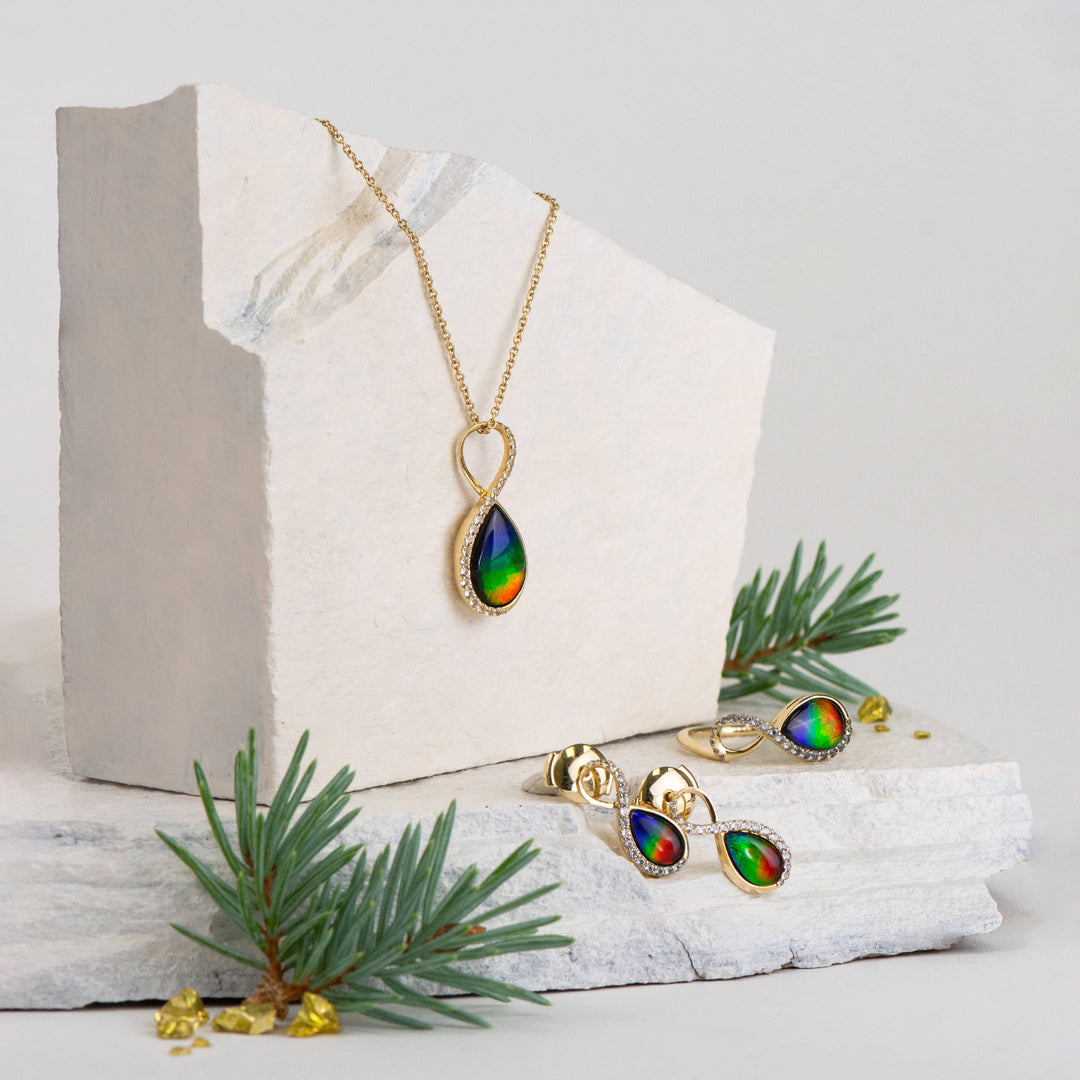 Infinity ammolite pendant in 14K gold with white diamonds