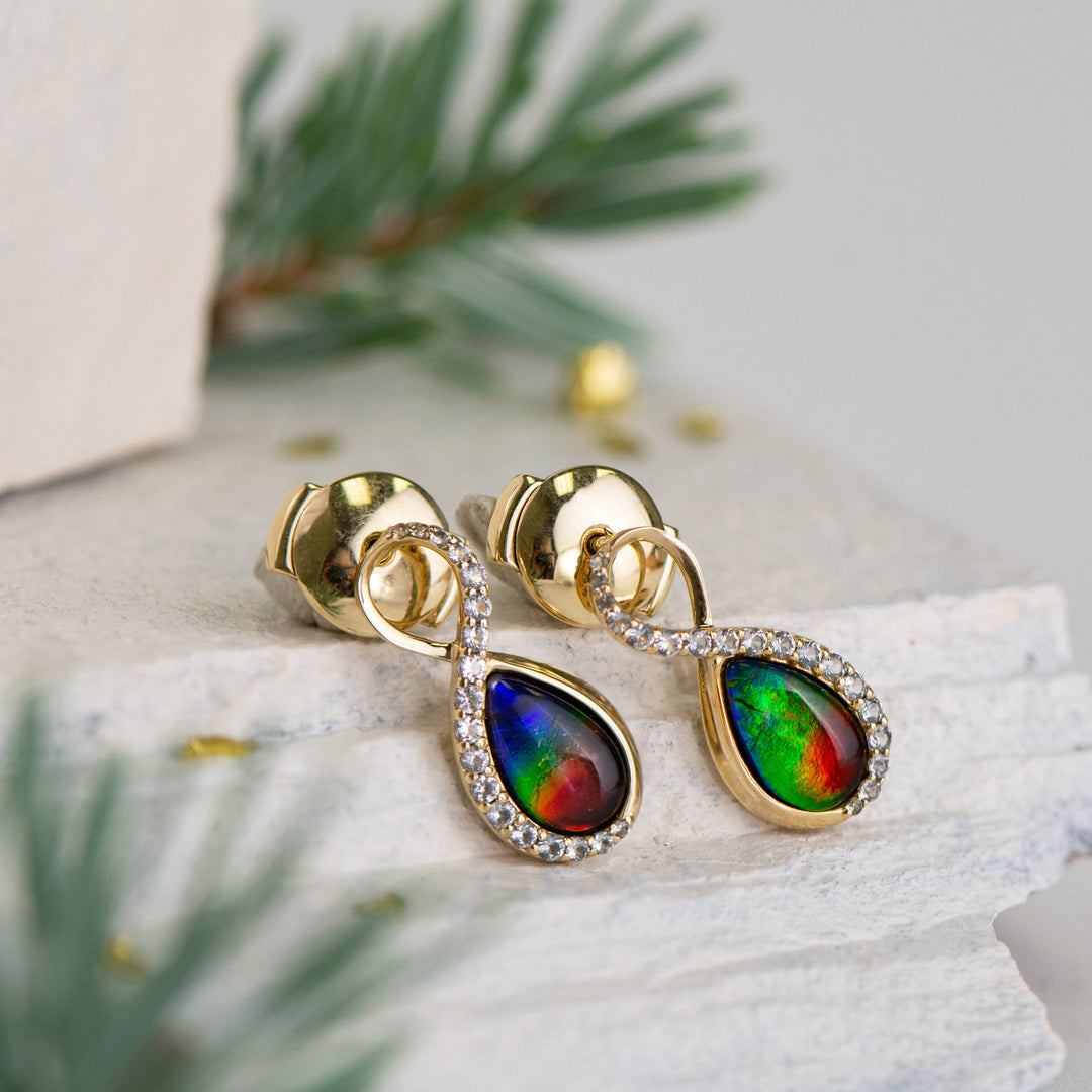 Infinity ammolite earrings in 14K gold with white diamonds