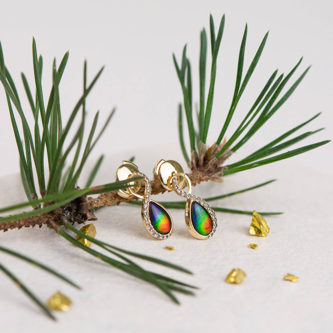 Infinity ammolite earrings in 14K gold with white diamonds