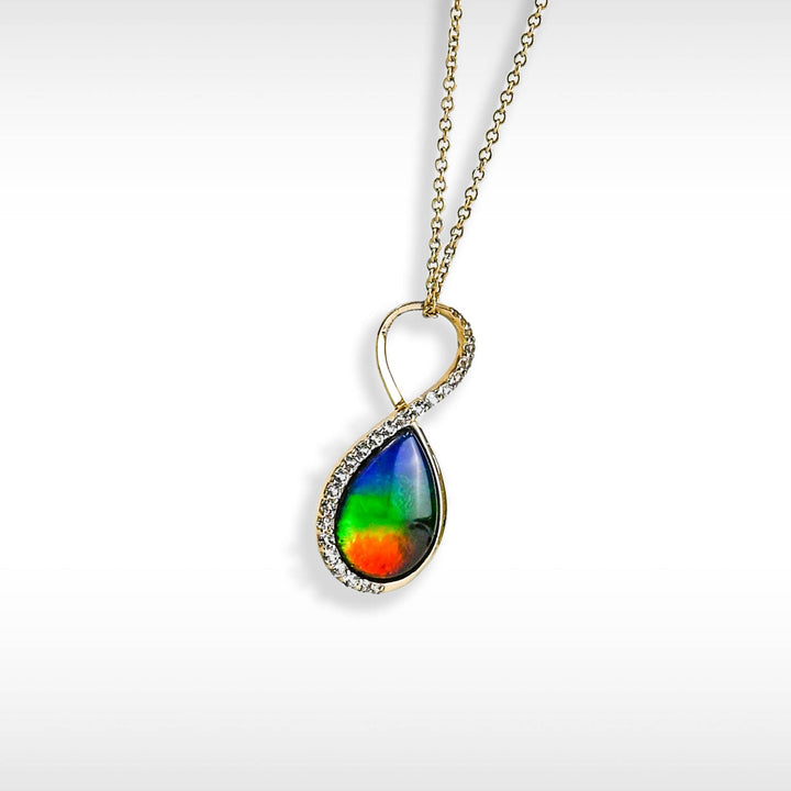 Infinity ammolite pendant in 14K gold with white diamonds