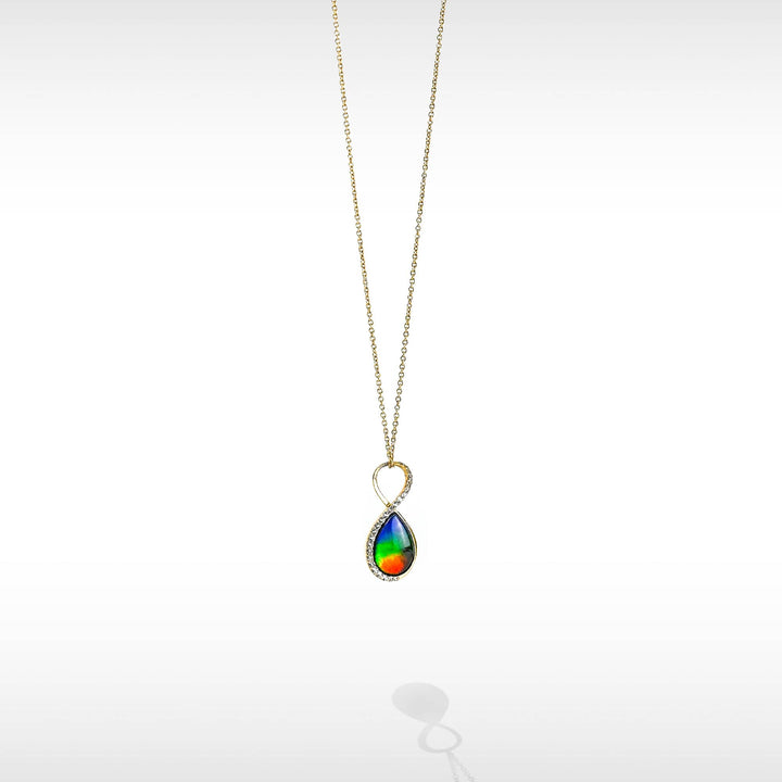 Infinity ammolite pendant in 14K gold with white diamonds