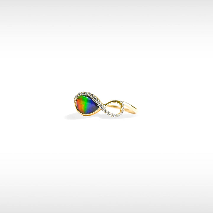 Infinity ammolite ring in 14K gold with white diamonds