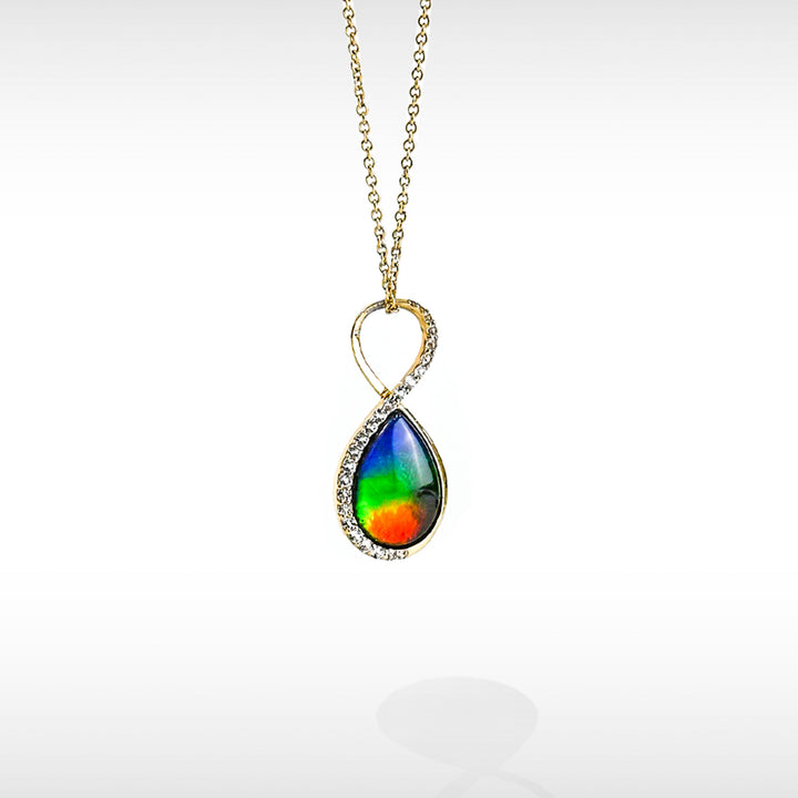 Infinity ammolite pendant in 14K gold with white diamonds