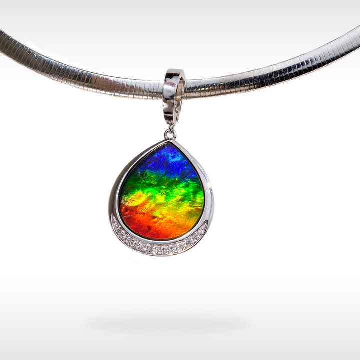 Women's 18K Gold AA Grade Ammolite Pendant with Diamond Accent