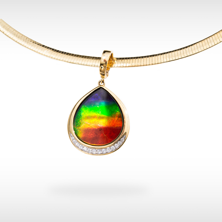 Women's 18K Gold AA Grade Ammolite Pendant with Diamond Accent