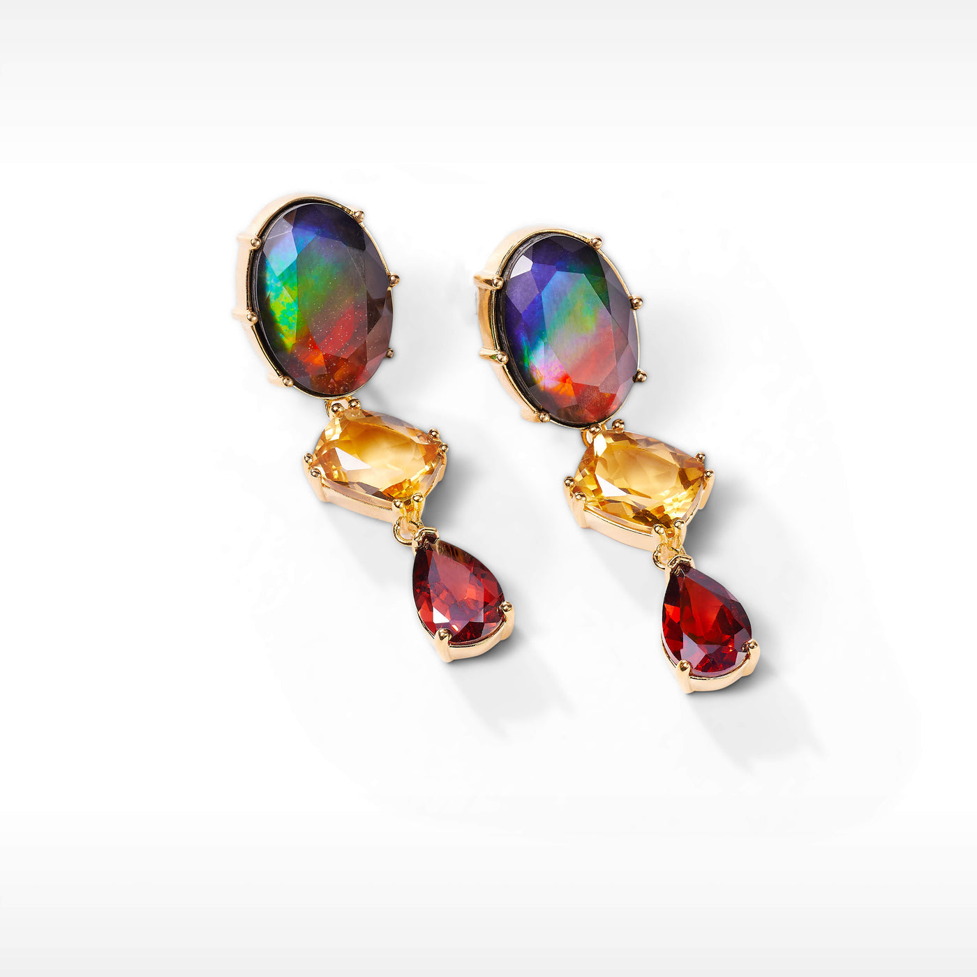 Radiant Ammolite Drop Earrings with Garnet and Citrine in 18k Gold Vermeil