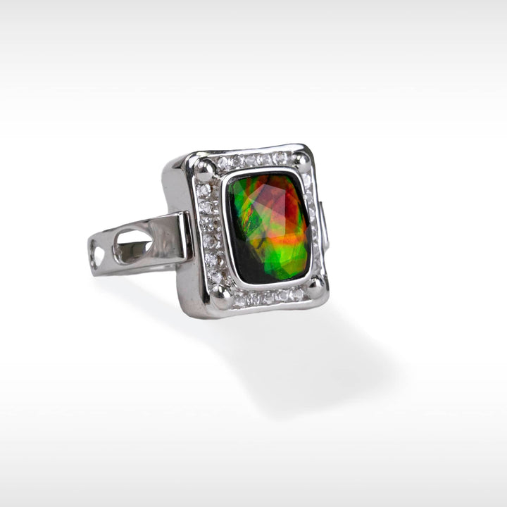 Women's Sterling Silver Ammolite Pendant-Ring with White Topaz Accent