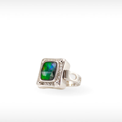 Women's Sterling Silver Ammolite Pendant-Ring with White Topaz Accent
