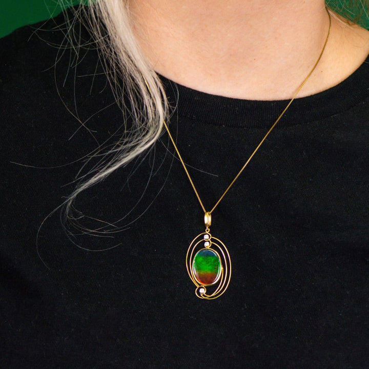 Women's Rome 18K Gold AA Grade Ammolite Pendant with Diamond Accent