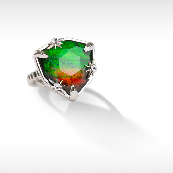 Starlight Trillion Ammolite Ring with White Topaz in Sterling Silver