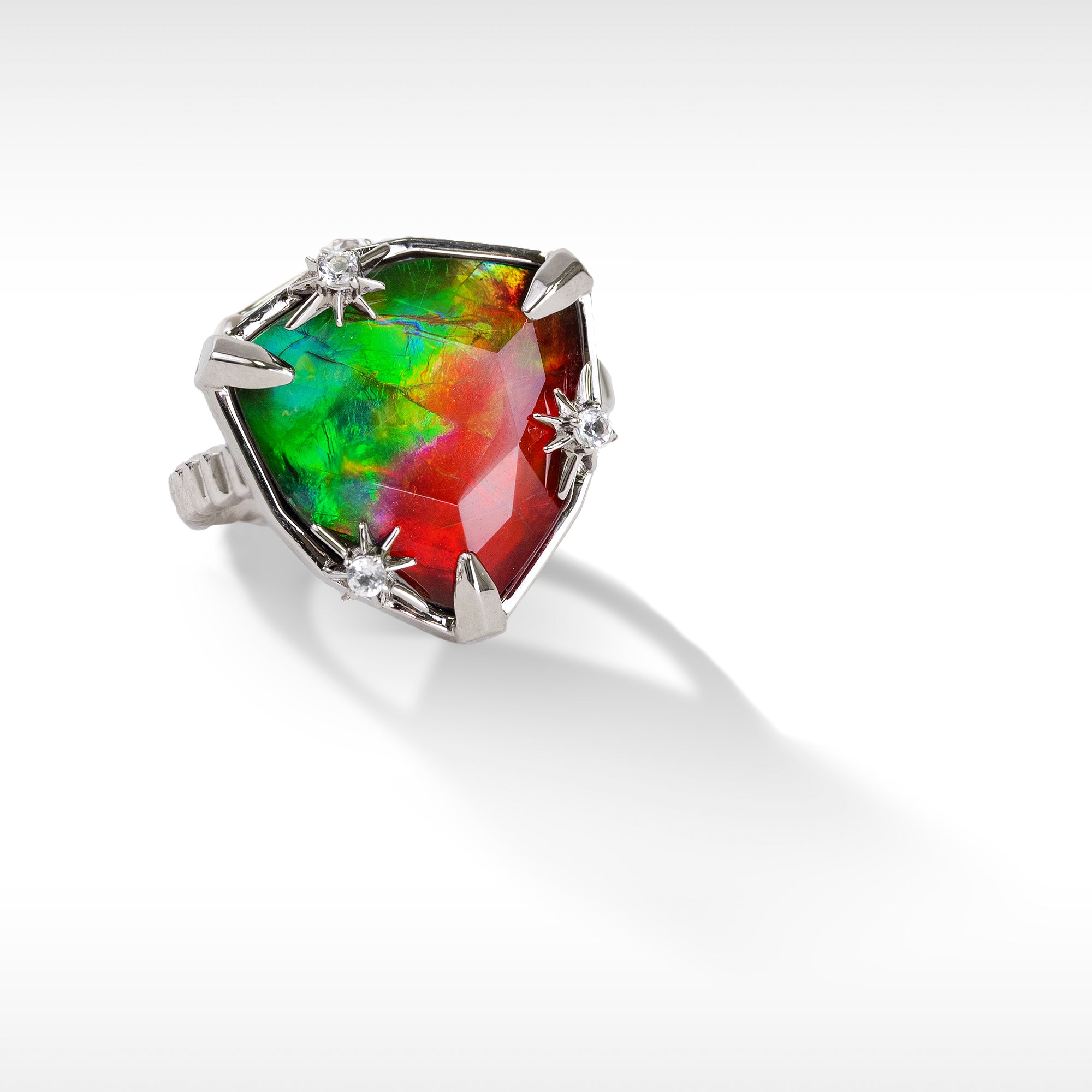 Starlight Trillion Ammolite Ring with White Topaz in Sterling Silver A 6