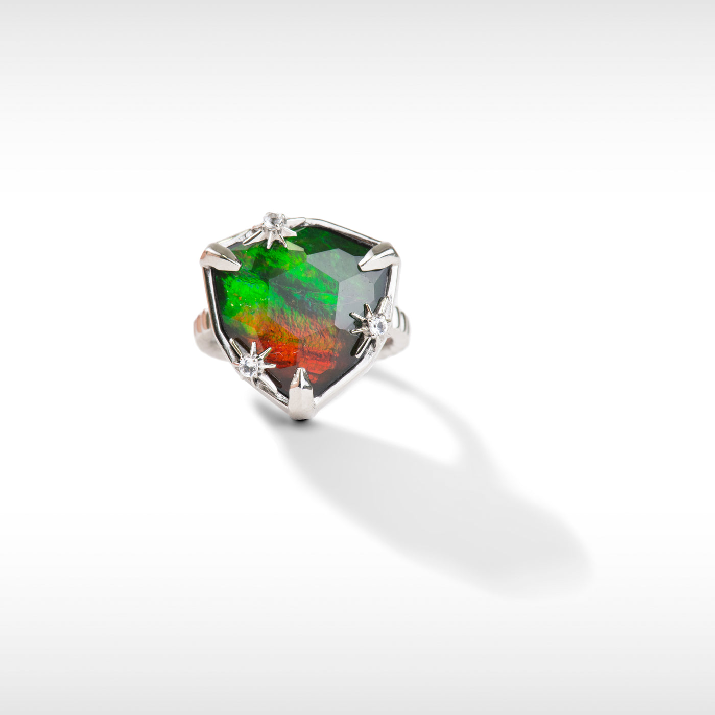 Starlight Trillion Ammolite Ring with White Topaz in Sterling Silver