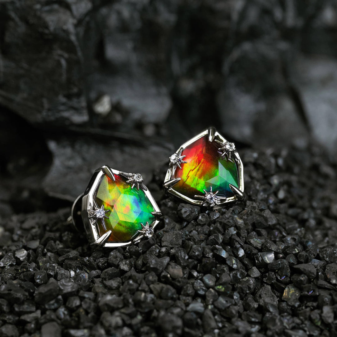 Starlight Trillion Ammolite Stud Earrings with White Topaz in Sterling Silver