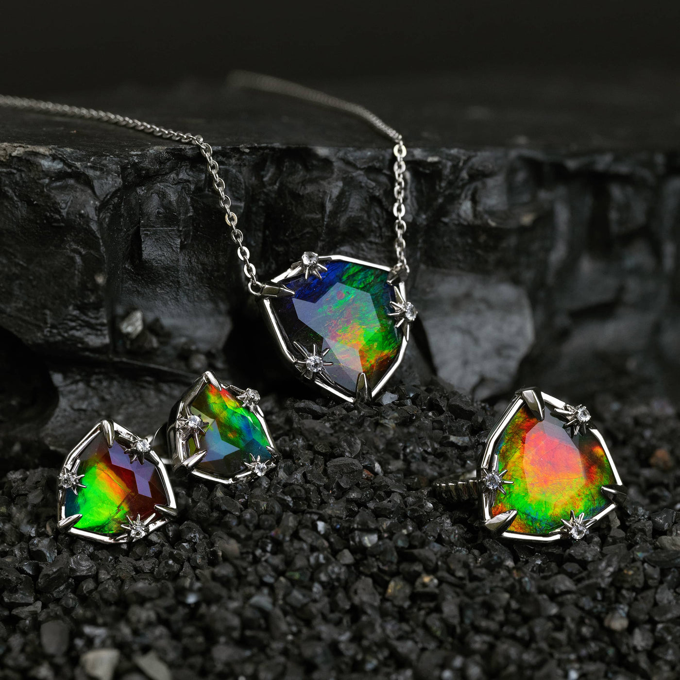 Starlight Trillion Ammolite Stud Earrings with White Topaz in Sterling Silver