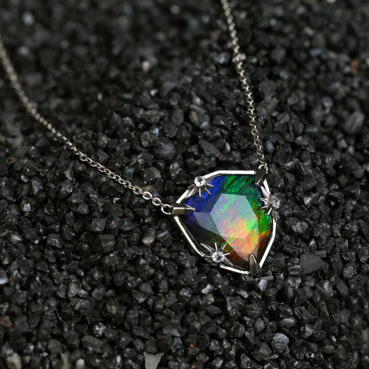 Starlight Trillion Ammolite Pendant with White Topaz in Sterling Silver