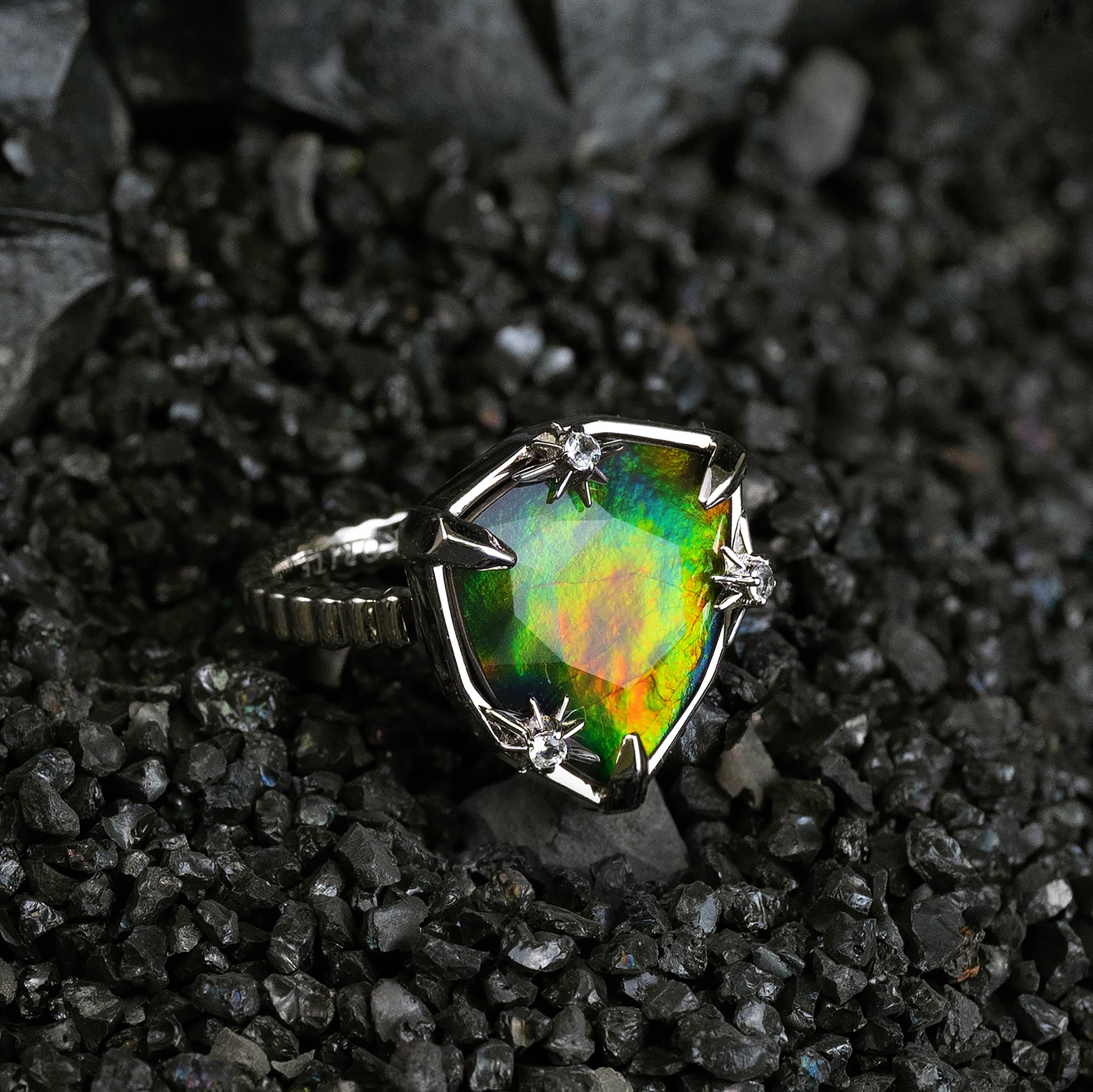 Starlight Trillion Ammolite Ring with White Topaz in Sterling Silver KORITE