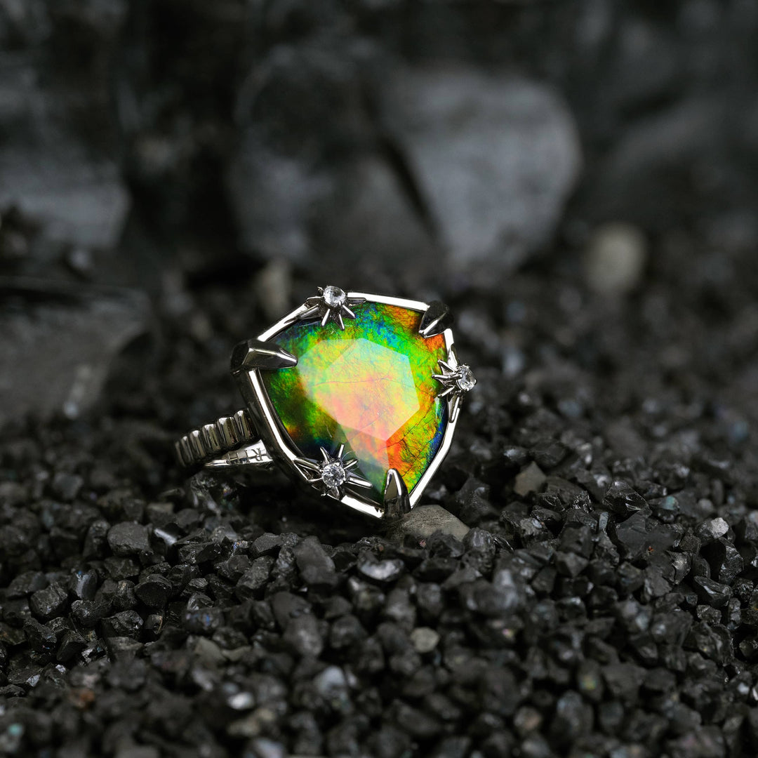 Starlight Trillion Ammolite Ring with White Topaz in Sterling Silver