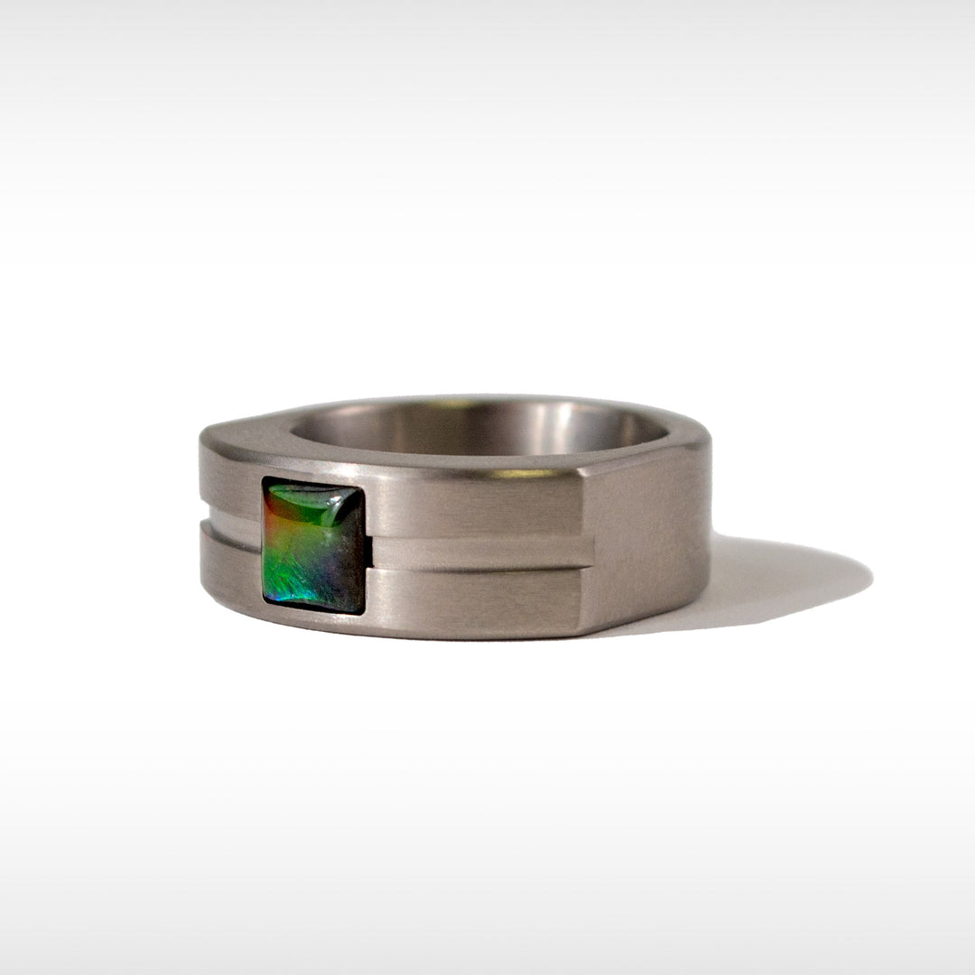 Dusk Ammolite Ring in Grey Polished Titanium