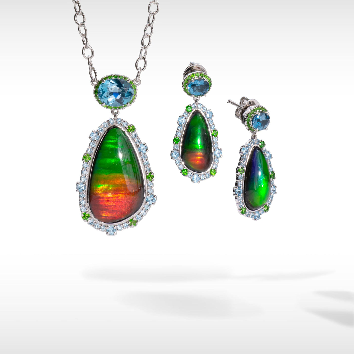 Waves Halo Ammolite Pendant and Earring Set in Sterling Silver