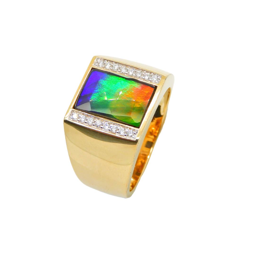 Men's Jay 14K Gold AA Grade Ammolite Ring With Diamond Accent