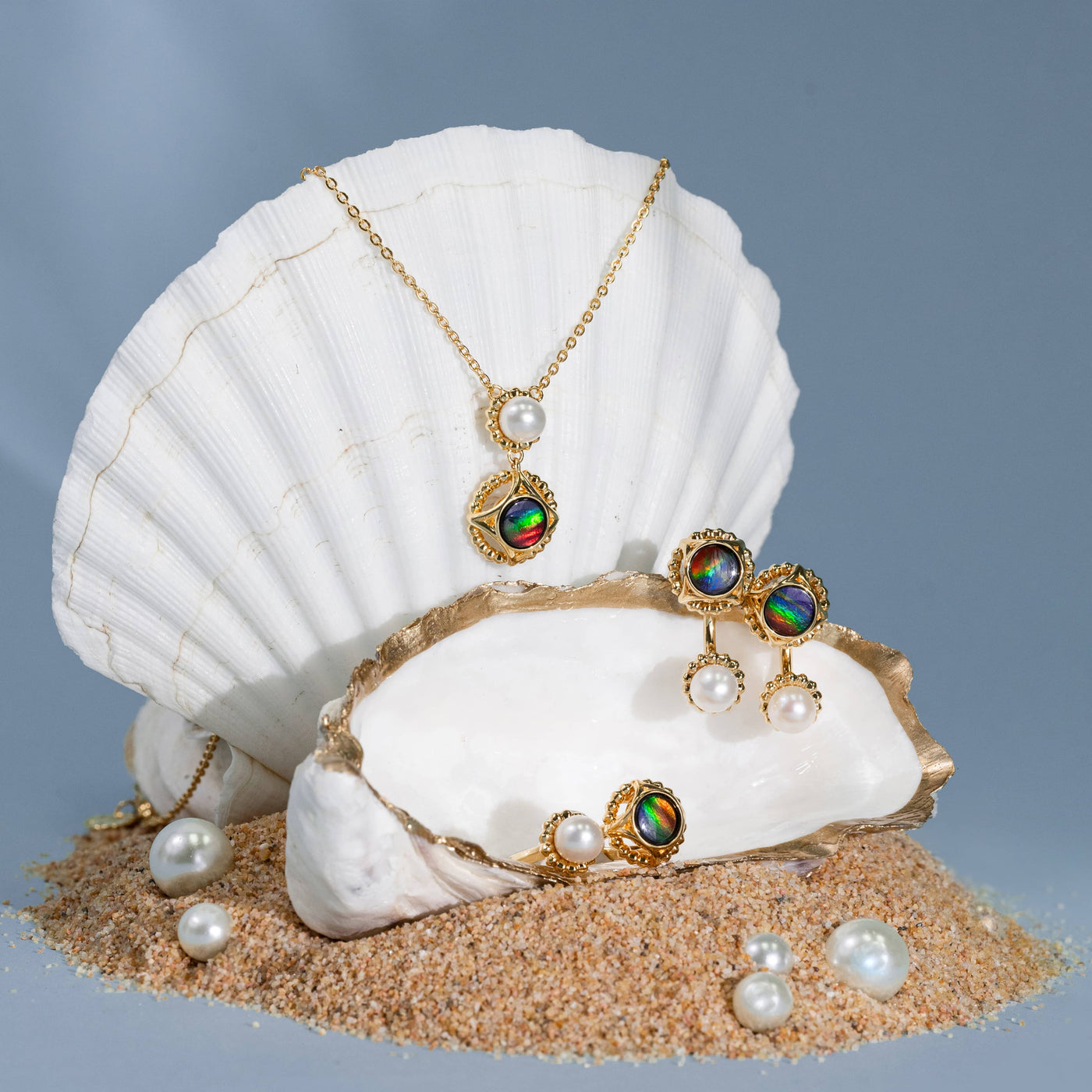 Pearl Ammolite Earrings in 18K Gold Plated
