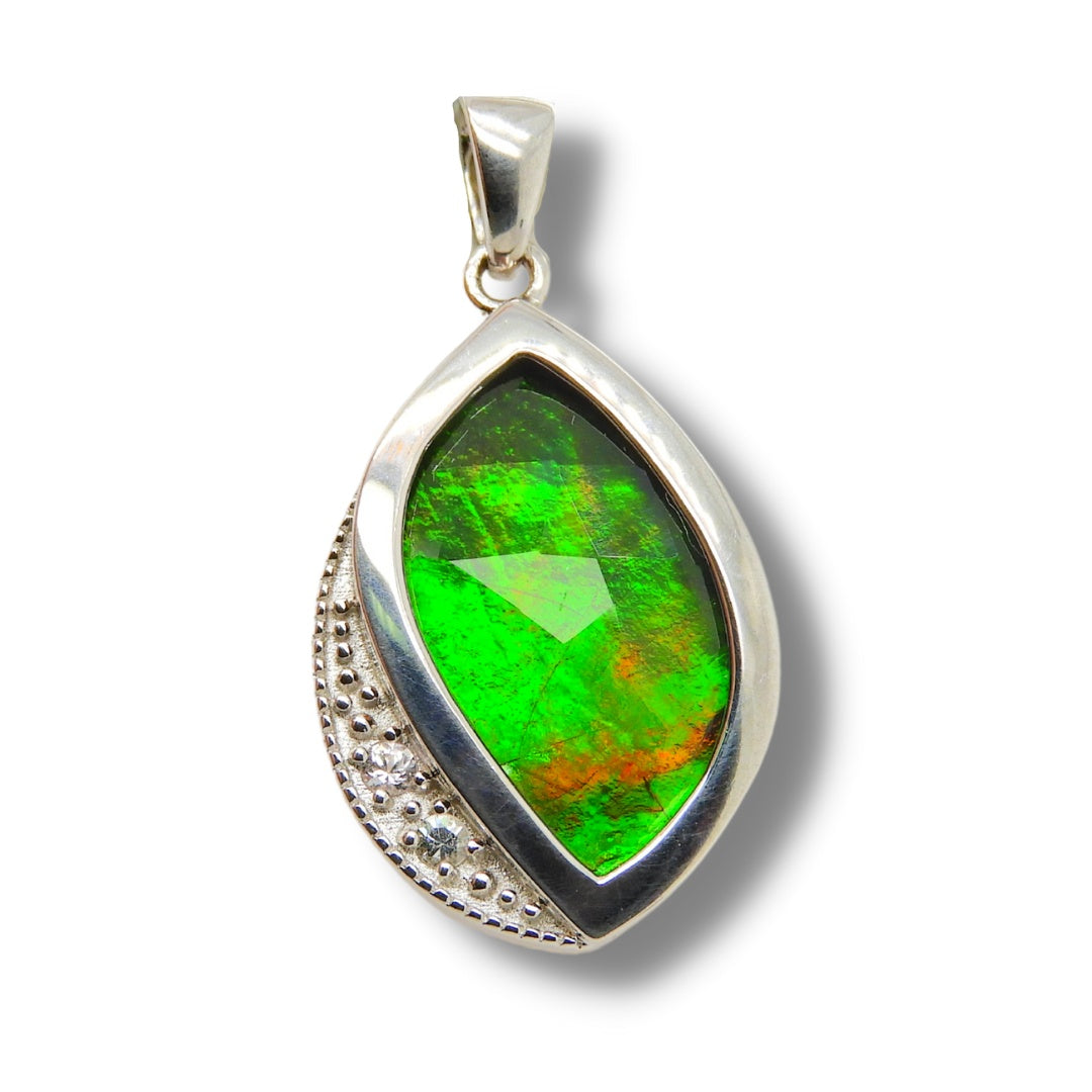 Women's Sterling Silver Ammolite Pendant With White Sapphire Accent