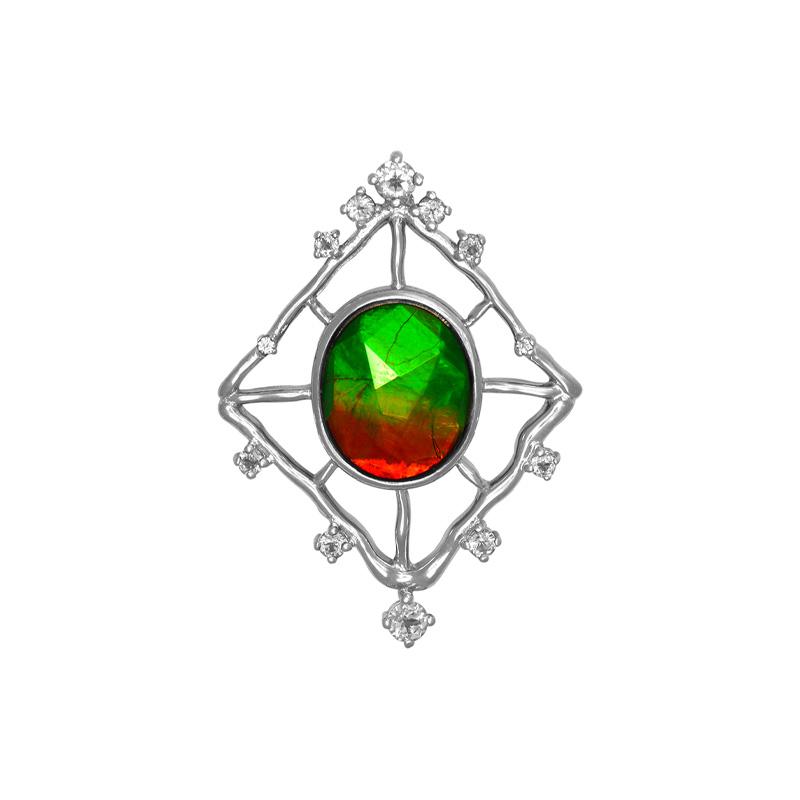 Women's Sterling Silver Ammolite Pendant With White Topaz Accent